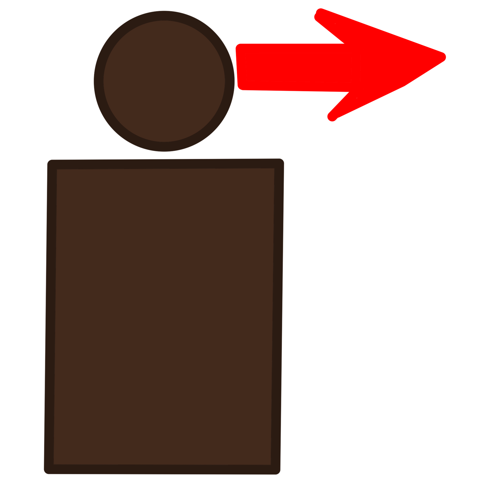 A simple drawing of a dark skinned person with a large bright red arrow point from their head at eye level.